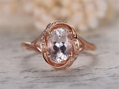 MYRAY 6x8mm Oval Natural Pink Morganite Diamond Engagement Ring 14k