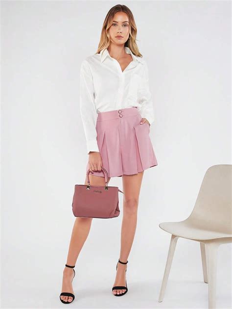 Shein Bizwear Solid Fold Pleated Detail Wide Leg Shorts Workwear