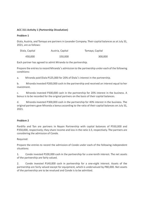 Acc Activity Practice Problem For Partnership Acc