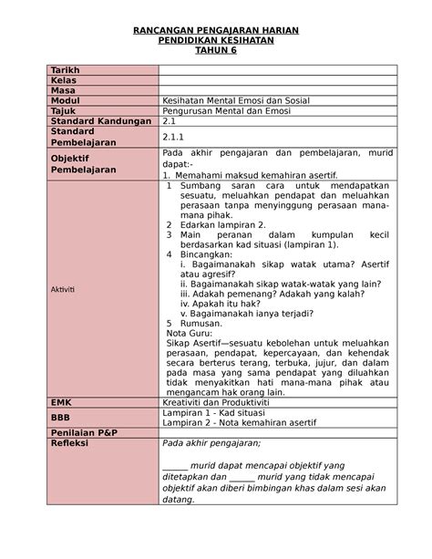 Unit Pengurusan Mental Dan Emosi Rancangan Pengajaran Harian