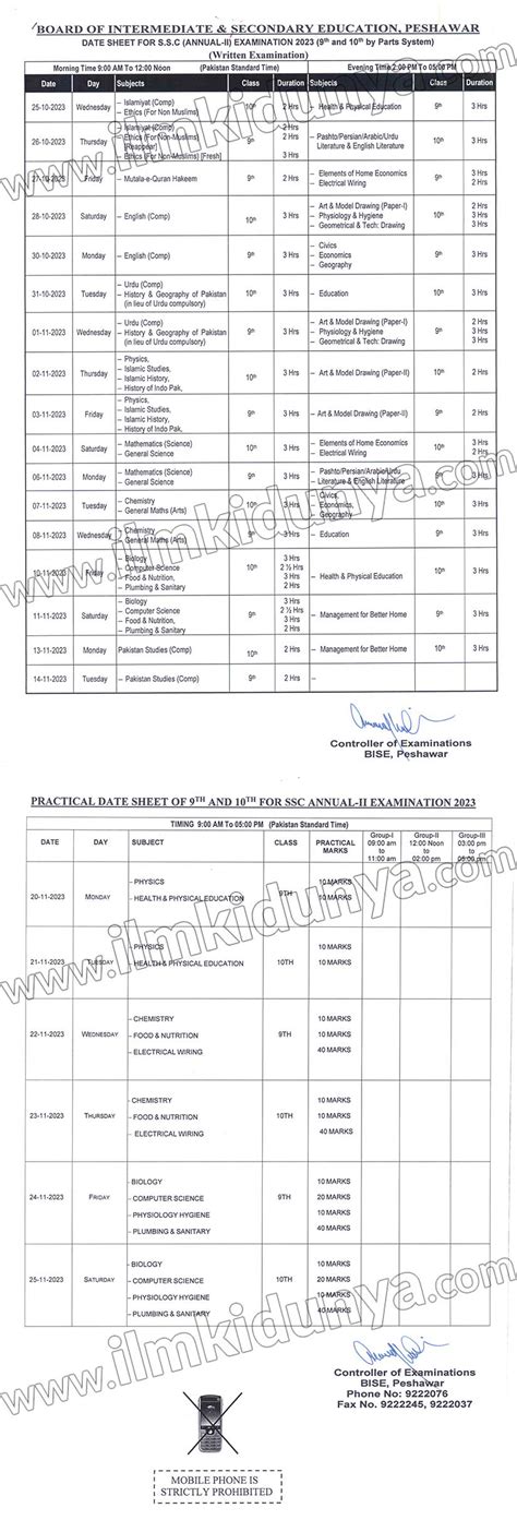 BISE Peshawar Board SSC Date Sheets 2025 SSC Date Sheet