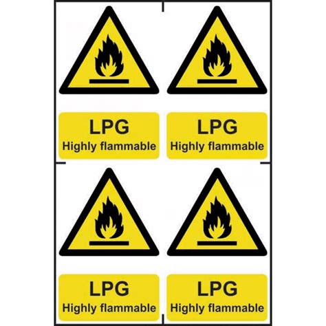 LPG Highly Flammable Sign Self Adhesive Semi Rigid PVC 4 Per Sheet