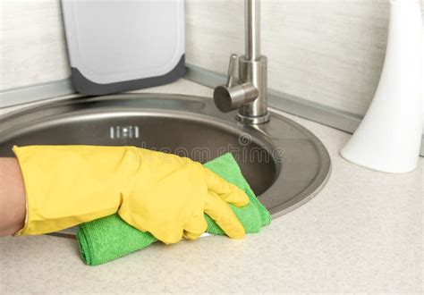 Deep Cleaning Service Woman Gloves Hands Cleaning Kitchen Sink Surface Sanitizing Home