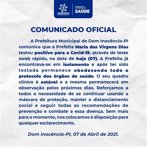 Nota Oficial Prefeitura Municipal de Dom Inocêncio