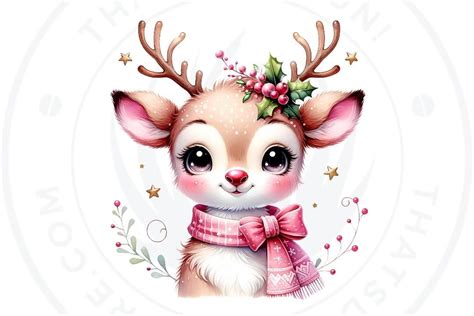 Watercolor Cute Pink Reindeer Clipart Bundle Cute Pink Reindeer Cute