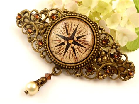 Elegant Hair Clip In Bronze With Compass Motif Seafaring Navigation Pearl Hair Clip