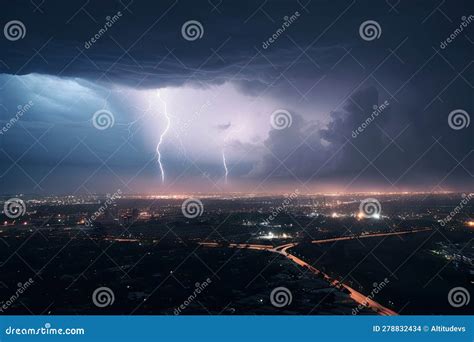 Storm Clouds And Lightning Above Hurricane With View Of Distant City