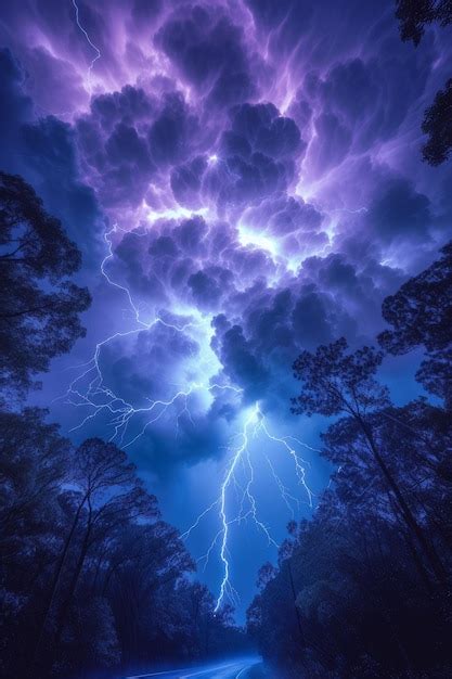 Premium Photo Huge Purple Lightning Storm Over The Forest