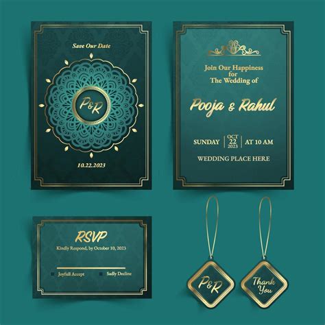 Luxury Indian Wedding Invitation Card Set In Green And Gold Color 22849524 Vector Art At Vecteezy