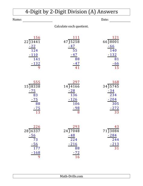 Division 4 Digit By 2 Digit Worksheets