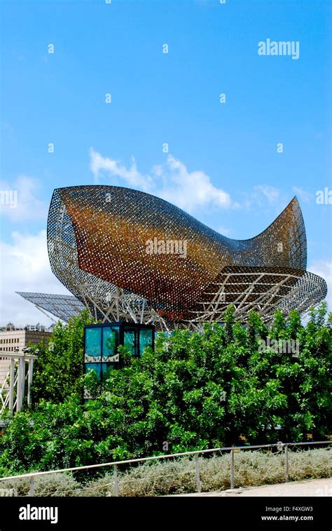 Steel Arch Golden Copper Fish Sculpture By Frank Gehry At Port Olympic