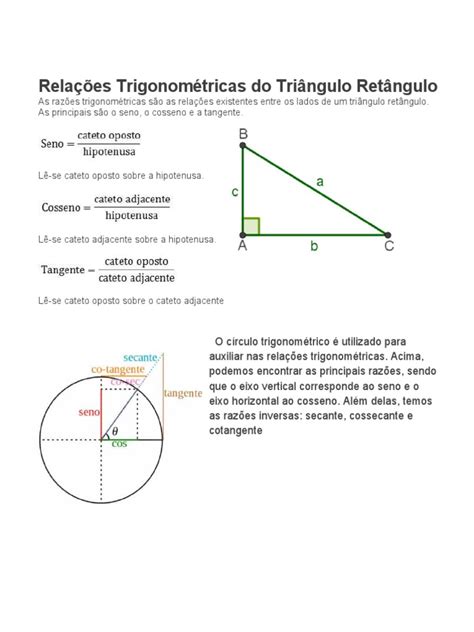 Relações Trigonométricas Do Triângulo Retângulo Pdf