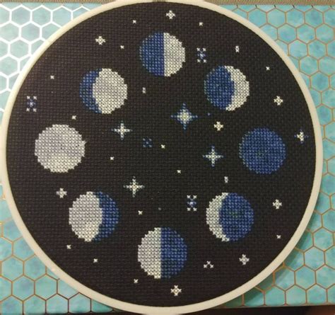 Moon Phases Cross Stitch Pattern Moon And Stars Crossstitch Pdf Lunar Embroidery Design