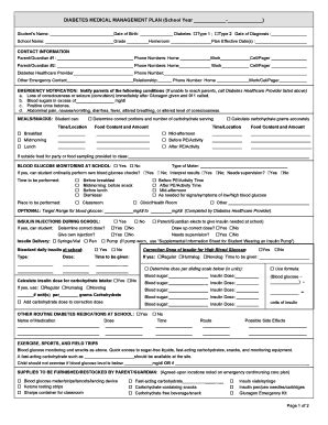 Fillable Online Information Sheet For The School Management Of Diabetes