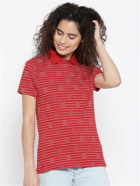 Buy United Colors Of Benetton Women Red Striped Polo Collar T Shirt Tshirts For Women 2390400