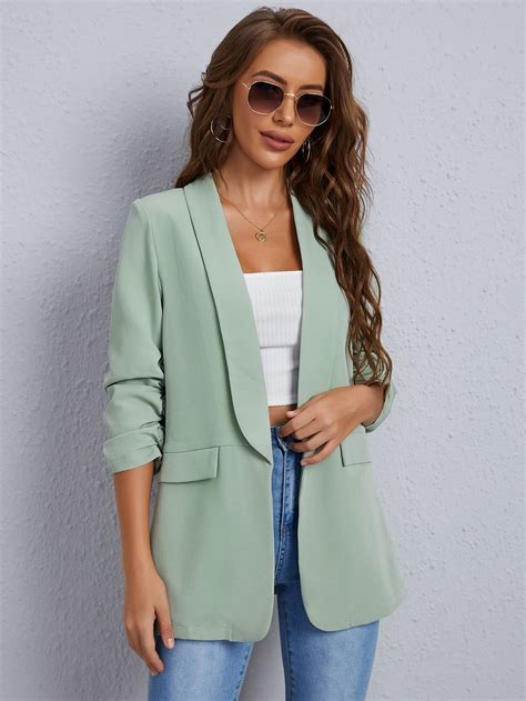 Shawl Collar Gathered Sleeve Flap Detail Blazer In 2024 Blazer Outfits For Women Stylish Work