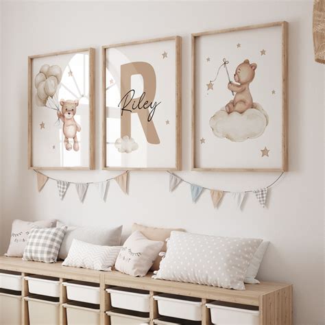 Set of 3 Custom Teddy Bear Nursery Wall Art Print Personalized Name
