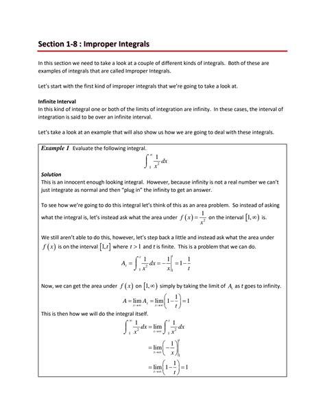 Solution Calculus Improper Integrals Complete Notes With Solved