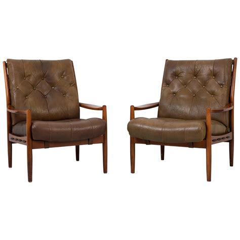 Pair Of Armchairs In Original Leather And Teak By Ingemar Thillmark For