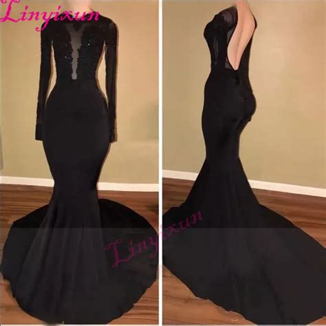 Sexy Black Mermaid Prom Dresses 2018 Sheer Long Sleeves Applique Lace