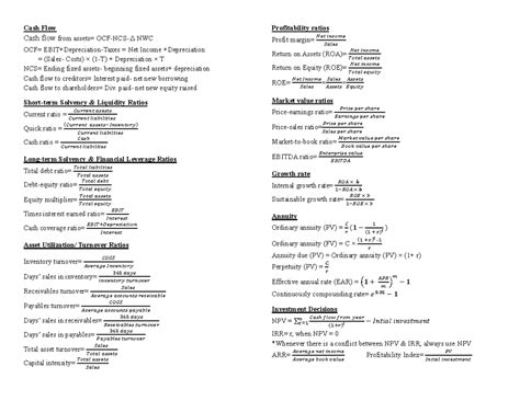 Final Cheat Sheet Cash Flow Cash Flow From Assets Ocf Ncs Nwc Ocf