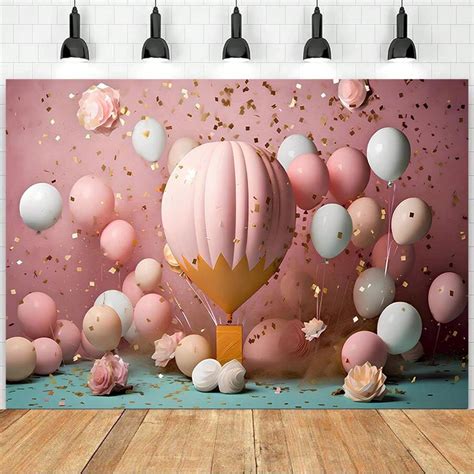 Pink Hot Air Balloon Backdrop Up Up And Away Adventure Birthday Party Photography Backkground