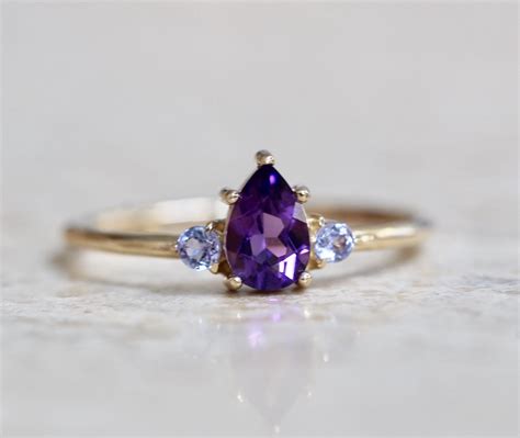 14K Gold Amethyst Tanzanite Pear Ring Three Stone Ring Pear Etsy