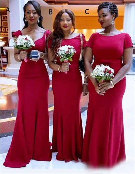 2017 Elegant Red African Bridesmaid Dresses Satin Short Sleeves Maid Of