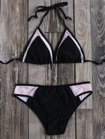 Set Bikini En Tri Ngulo De Malla En Contraste Negro Spanish Shein