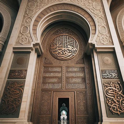 Premium Photo Grand Mosque Door In Bronze With Arabic Calligraphy And