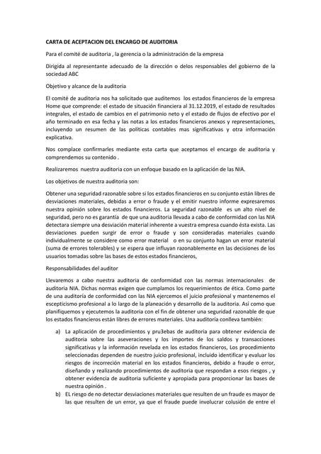 Carta de aceptación del encargo de auditoría Yanedh Mamani uDocz