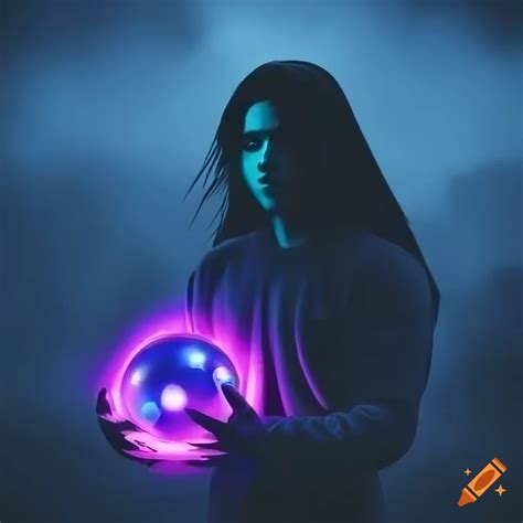 Hispanic Man Holding A Glowing Purple Orb In A Dark Alley On Craiyon