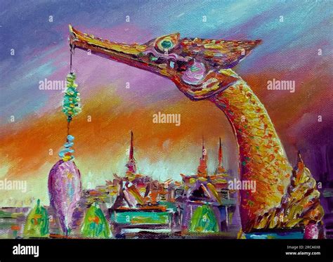 Art Painting Oil Color Royal Barge Thailand Suphannahong Boat Stock