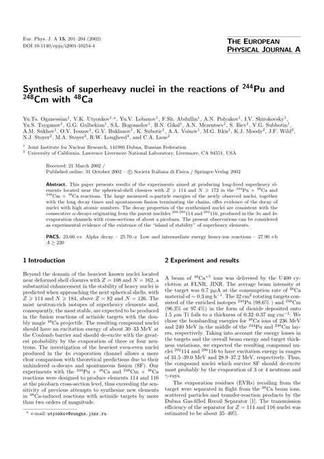 PDF Synthesis Of Superheavy Nuclei In The Reactions Of 244Pu And