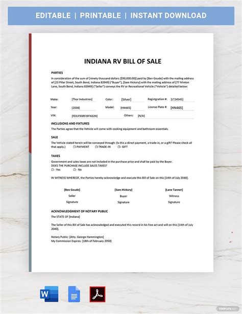 Indiana Bill Of Sale Template