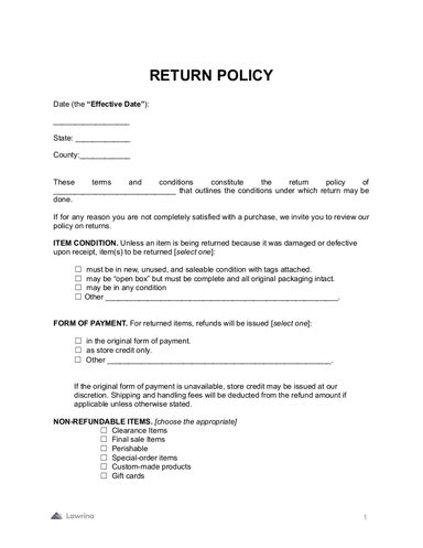 Free Return Policy Template | Download PDF | Lawrina