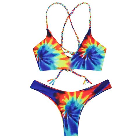 LANGSTAR 2018 New Women Tie Dye Braided Criss Cross Bikini Set Sexy