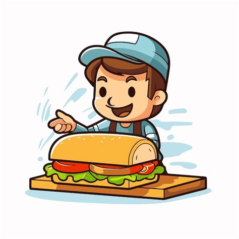 Ilustración de un niño comiendo un sándwich en una tienda de sándwiches