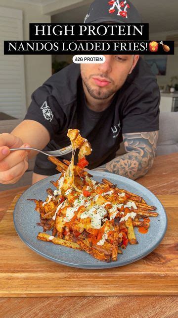 A Man Is Eating Some Food On A Plate With A Fork In His Hand And The Caption Reads High Protein