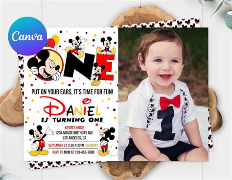 Mickey Mouse First Birthday Invitation Photo Picture Boy Mickey 1st