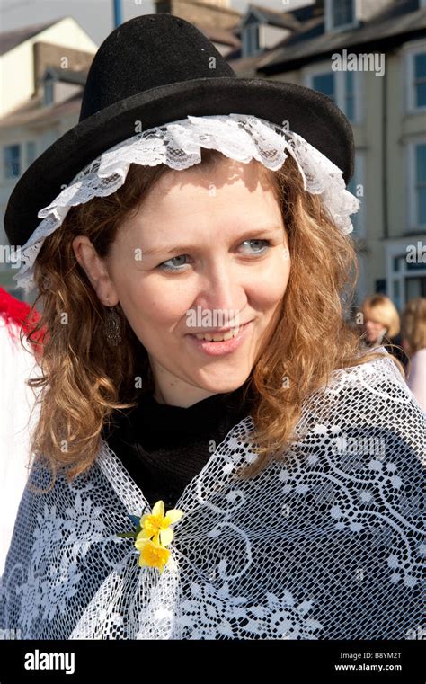 March 1st St Davids day a young woman in Welsh National Costume Wales ...