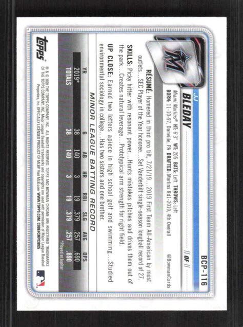 J J Bleday Bowman Chrome Prospects Mojo Refractor Miami Marlins