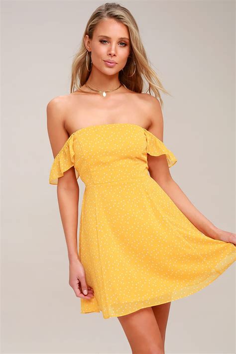 Dots Of You Yellow Polka Dot Off The Shoulder Skater Dress