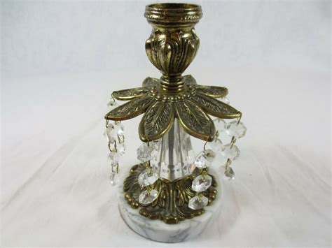 Vintage Ornate Brass Candelabra Candle Holder Crystal Pendants Marble Base Brass Candle Brass