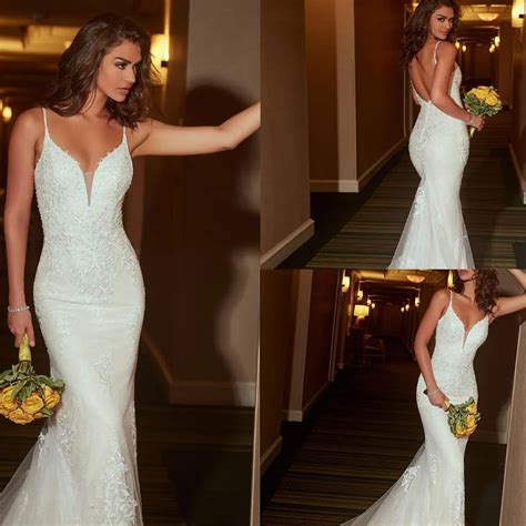 Sexy Backless Mermaid Wedding Dresses Spaghetti Sraps Lace Wedding