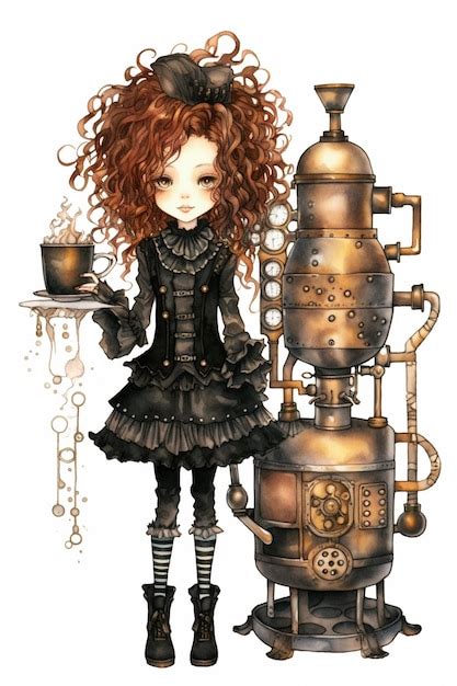Premium AI Image | Anime girl with red hair and steampunk dress holding ...