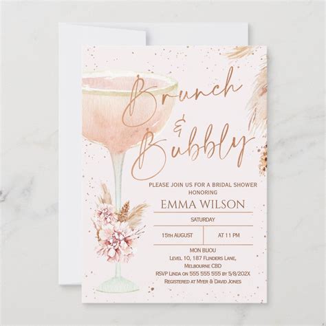 Boho Pampas Rose Gold Brunch Bubbly Bridal Shower Invitation Zazzle