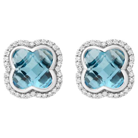 Blue Topaz Gemstone Flower Stud Earrings With Diamond In 18k White Gold