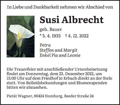 Traueranzeigen Von Susi Albrecht Saarbruecker Zeitung Trauer De