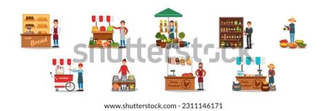 Man Woman Vendor Standing Street Booth Stock Vector Royalty Free